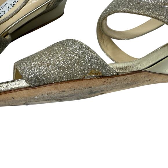 Jimmy Choo Chiara Sandal Size 39 /9 Cross Strap Open Metallic Gold Glitter Wedge - Picture 8 of 14